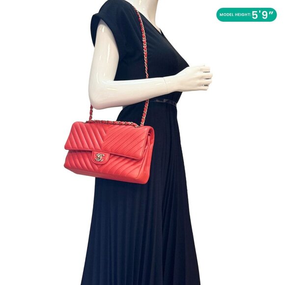 Chanel  Classic Double Flap Medium Chevron Leather Shoulder Bag Orange - Picture 2 of 16